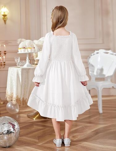 Arshiner Girls Dresses Puff Long Sleeve Fall Winter Smocked High Low Swing Midi Dress with Pockets in Saudi Arabia