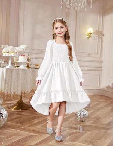 Arshiner Girls Dresses Puff Long Sleeve Fall Winter Smocked High Low Swing Midi Dress with Pockets in Saudi Arabia