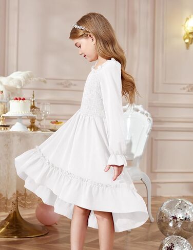 Arshiner Girls Dresses Puff Long Sleeve Fall Winter Smocked High Low Swing Midi Dress with Pockets in Saudi Arabia