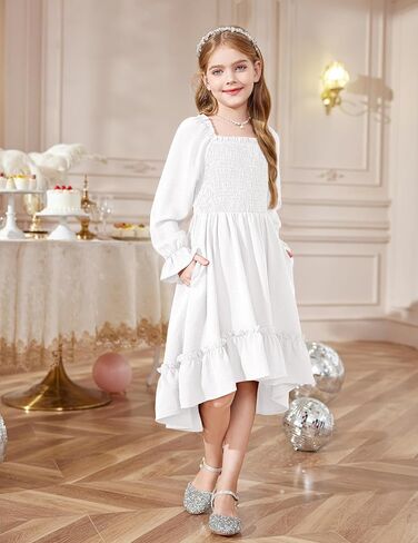 Arshiner Girls Dresses Puff Long Sleeve Fall Winter Smocked High Low Swing Midi Dress with Pockets in Saudi Arabia