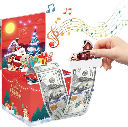 عيد الميلاد مفاجأة مربع هدية مربع للمال، يطفو على السطح صندوق المال للحصول على هدية نقدية عيد الميلاد 3D الموسيقية مع RGB LED بما في ذلك 30PCS أكياس للنساء الرجال الفتيات الفتيان أمي أبي صديق in Kuwait