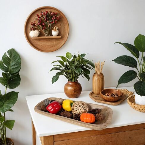 Wood Dough Bowl,Hand Carved Decorative Bowls for Decor Rustic Wooden Dough Bowls Decorative Wooden Dough Bowl for Table Centerpiece Dining Living Room Home Kitchen Decor (Length-17.15 inch) in Saudi Arabia