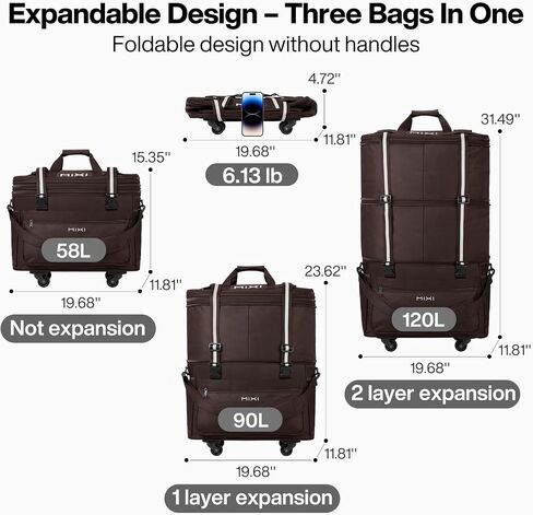 mixi Travel Bag with Wheels Expandable Foldable Luggage Bag Collapsible Rolling Travel Bag Duffel Bag Large Capacity Suitcase for Men Women, Black in Saudi Arabia