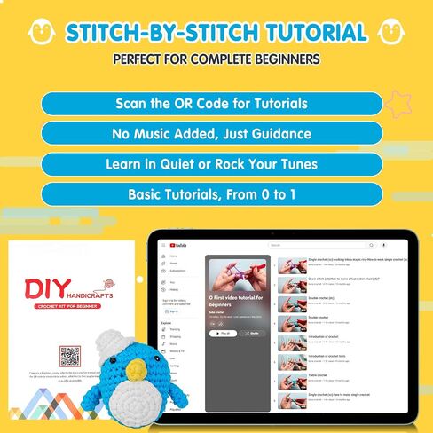 مجموعة Lacoccinct Crochet للمبتدئين - مجموعة تعلم الكروشيه - مجموعة أدوات الكروشيه الحيوانية - غزل ممتاز سهل - فيديو تعليمي خطوة بخطوة - نمط البطريق اللطيف in Saudi Arabia
