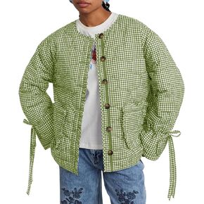 Tankaneo Womens Cropped Quilted Puffer Jackets Lightweight Plaid Button Down Bow Padded Down Coat