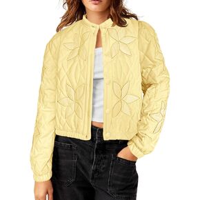 Tankaneo Womens Casual Cropped Quilted Jacket Embroidery Lightweight Puffer Button Down Warm Winter Coats