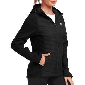 MoFiz Womens Fleece Lined Softshell Jacket Hooded Lightweight Insulated Puffer Hybrid Down Jacket Full Zip Running Coat