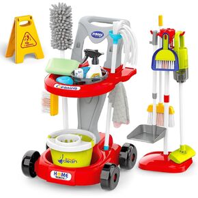 deAO Kids Cleaning Set, Detachable 29 PCS Pretend Play Kids Housekeeping Kit with Working Vacuum Cleaner, Broom, Mop, Dust Pan, Pretend Play House Cleaning Tools Set Gift for 3 4 5+ Kids (Red)