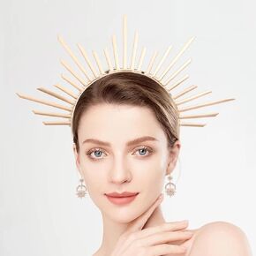2PCS Halo Crown, Sun Crown HeadBand with Earrings, Gold Goddess Sunburst Headpiece Mary Celestial Wedding Tiaras for Women Bridal Wedding Costume Cosplay Party Goddess Accessories