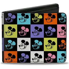 Disney Wallet, Bifold, Mickey Mouse Smiling Expression Blocks Multi Color, Vegan Leather