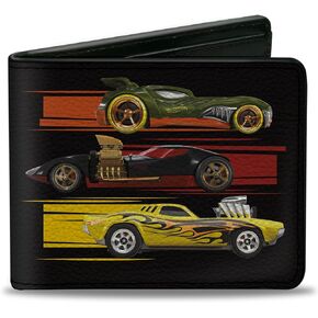 Mattel Wallet, Bifold, Hot Wheels Six Sportscar Profiles Black Multi Color, Vegan Leather