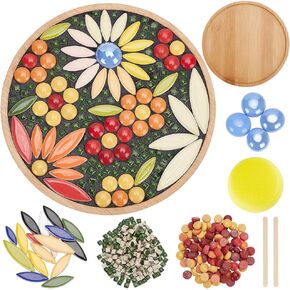 WEBEEDY DIY Mosaic Craft Kit Flower Mosaic Bamboo Coasters Kits for Adults Beginner, Mixed Color Glass Mosaic Tiles with Round Coaster Base for Handmade Mosaic Coaster Home Decor Christmas Gift, 6.1"