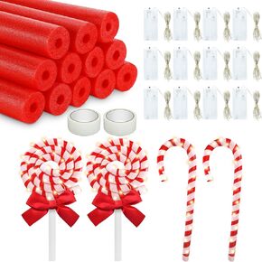 12 مجموعة من زخارف حلوى عيد الميلاد DIY مقاس 51 بوصة من شعيرية السباحة الرغوية الحمراء المجوفة مع 12 سلسلة ضوء LED وشريطين أبيضين لمشاريع الحرف اليدوية لعيد الميلاد DIY دوامة إكليل عيد الميلاد ديكور المنزل الداخلي والخارجي