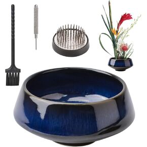 WANDIC Kiln to Blue Flower Arrangement Supplies, 4.4’’ Round Bowl & 4cm Floral Frog for Ikebana Ceramic Floral Vase for Floristry Arranging