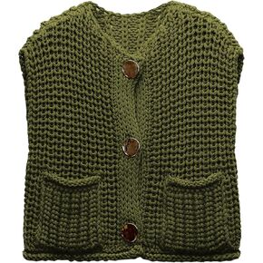 Sweater Vest for Women 2024 Casual Cropped Open Front Sleeveless Chunky Knit Top Button Down Cardigan with Pockets