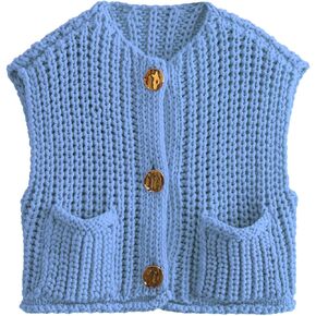 Womens Crochet Chunky Knit Sweater Vest Crop Sleeveless Button Down Vest Trendy Cardigan Top for Women with Pockets