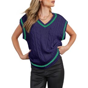 Womens V Neck Oversized Sweaters Vest Sleeveless Cable Knit Pullover Striped Chunky Sweater Casual Tennis Colorblock Top