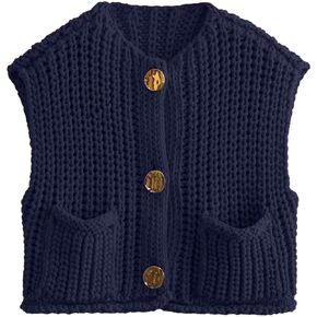 Womens Crochet Chunky Knit Sweater Vest Crop Sleeveless Button Down Vest Trendy Cardigan Top for Women with Pockets