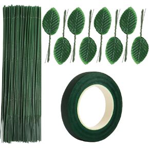 Floral Arrangement Kit, 100 Pieces Floral Stem Wire 1 Roll Green Floral Tape 200 Pieces Artificial Green Leaves for Bouquet Stem Wrap Florist, Wreath Making Supplies