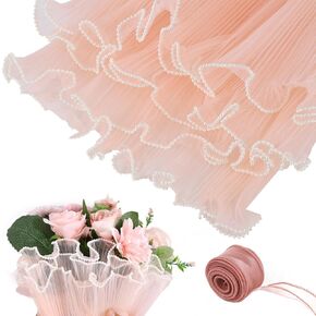JINIOHEE 3 Pack Flower Wrapping Mesh Paper, 4 Yard Pearl Edge Bouquet Packaging Paper, Floral Bouquet Wrapping Paper with Wrinkled Waves with Satin Ribbon for DIY Gift, Black