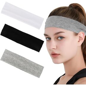 Headbands for Women, Sports Elastic Sweat Yoga Hairbands, Cotton Soft Thin Headband Non-Slip Hair Wrap for Workout Running Yoga Sport, 3 Pack Black White Gray