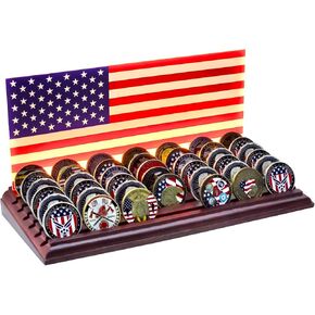 Challenge Coin Display, Light up Coin Holder American Flag with Warm Color Light, Military Coins Holder Case 6 Row Holder,100% Solid Wooden, Gift for Heroes