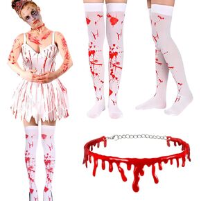 Halloween Nurse Stockings with Blood Necklace for Women Bloody High Socks Red White Thigh High Socks Dripping Blood Vampire Chokers Cosplay Costume Accessory for Halloween Party Props