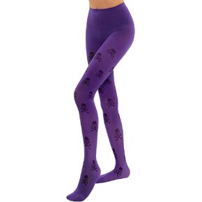 MANZI Women's Halloween Patterned Tights Opaque Purple Tights with Designs Orange Pumpkin Tights with Bats Skull Pantyhose