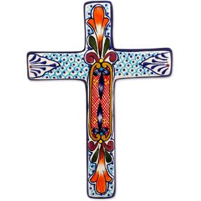NOVICA Artisan Handmade Ceramic Wall Cross Multicolored from Mexico Decor 'Orange Lily'