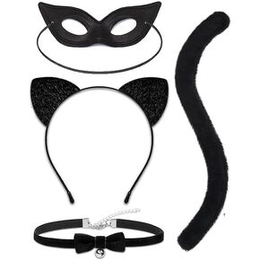 Cat Costume Cat Ears Headband Necklace and Tail with Cat Mask, Black Cat Costume for Girls Women Cosplay Costome for Halloween