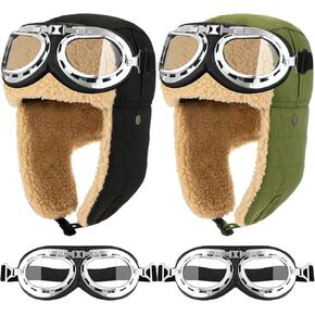 JaGely 4 Pcs Pilot Hat and Goggles Flight Costume Accessories Pilot Helmet Cap with Ear Flaps Hat Adults Winter