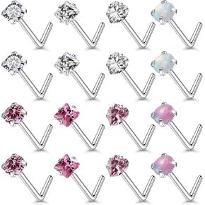 Pink Nose Ring Surgical Steel Nose Rings Studs 20G 18G L Shaped Nose Piercings Cubic Zirconia Nose Piercing Jewelry for Women Men 16Pcs