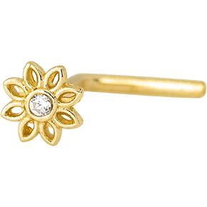 20G Solid 14K Yellow Gold Sunflower Nose Stud, L-Shape, Nose Screw, Ball-end CZ Accenter Flower Nose Ring L-Bend Stud