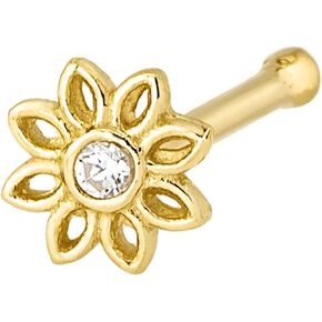 20G Solid 14K Yellow Gold Sunflower Nose Stud, L-Shape, Nose Screw, Ball-end CZ Accenter Flower Nose Ring L-Bend Stud