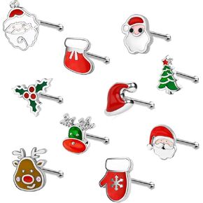 10Pcs 20G Christmas Nose Studs Rings for Women Stainless Steel Santa Claus Christmas Tree Elk Nose Screws L-Shaped Nose Rings Studs Xmas Nose Piercing Jewelry