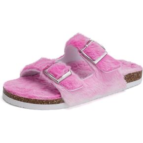Torotto Kids Slippers Boys Girls Fluffy Furry Non-slip Cork House Slippers with Adjustable Straps Open Toe for Indoor & Outdoor