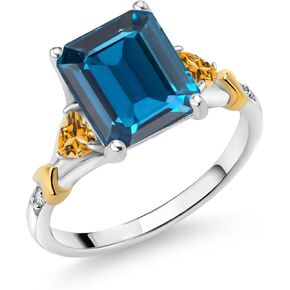 Gem Stone King 925 Silver and 10K Yellow Gold London Blue Topaz and Yellow Citrine and Diamond Engagement Ring For Women (4.30 Cttw, Emerald Cut 10X8MM, Trillion 3.5MM)