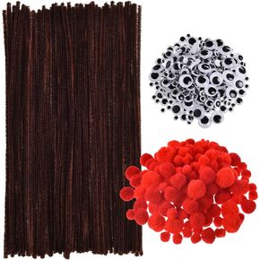 150 Pieces Brown Pipe Cleaners Chenille Stems, 150 Pieces Red Pom Poms Assorted Size Craft Pompoms and 300 Pieces Wiggle Googly Eyes with Self-Adhesive Back for Christmas Reindeer Crafts DIY Making