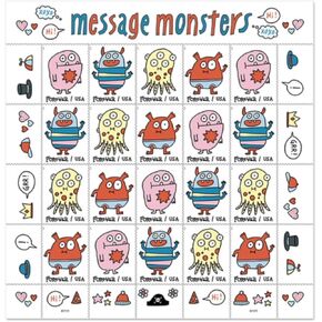 USPS Message Monsters (Sheet of 20) Postage Forever Stamps Playful Theme, Birthday, Engagement, New Job, Party, Invitations Celebrations 2021 Scott #5636-5639