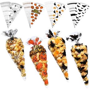 Pasimy 200 Pcs Halloween Cone Bags Trick or Treat Cellophane Clear Sweet Bags Triangle Cones Popcorn Bags Pumpkin Spider Witch Bat Candy Bags for Kids Halloween Birthday Party Supplies