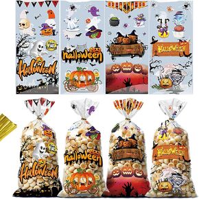 Artby7 50 PCS Halloween Cellophane Treat Bags, Halloween Candy Bags with Twist Ties, Halloween Goodie Bags Cookie Bags for Halloween Party Favors, Trick or Treat Hallowen Party Supplies