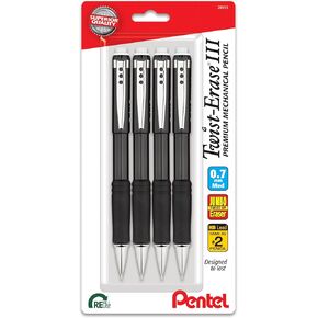 Pentel Twist-Erase III Mechanical Pencil, (0.7mm), Medium Line, Black Barrel, Pack of 4 (QE517BP4A)
