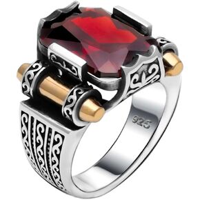 Genuine Solid 925 Sterling Silver Ring for Men, Accented with Bronze, Faceted Simulated Red Ruby Stone, Vintage Turkish Ottoman Style in Kuwait