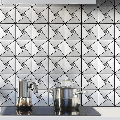 Art3d 10-Sheet Peel and Stick Backsplash Metal Mosaic Tiles for Kitchen Wall Decor, Stick on Aluminum Composite Tiles Stikers, Silver Windmill Puzzle Glass Mixed in Kuwait