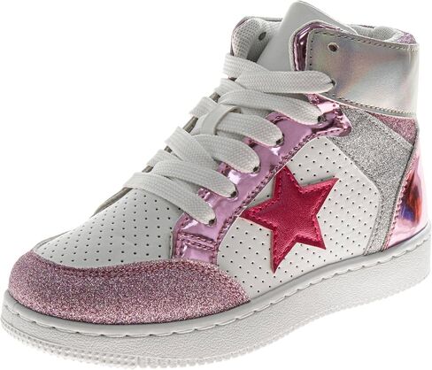 Glittery High Top Sneakers for Kids - Starry Star Sneaker Lace Up Shoes Casual Footwear - White Silver Pink (Sizes Little Kid - Big Kid) in Kuwait
