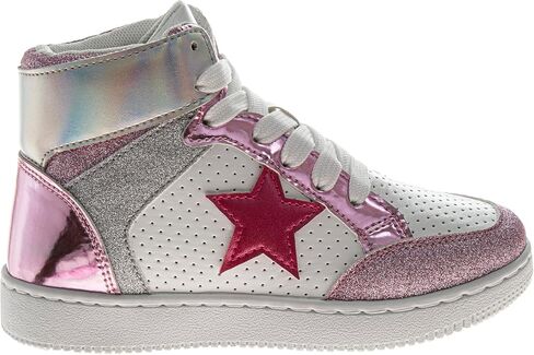 Glittery High Top Sneakers for Kids - Starry Star Sneaker Lace Up Shoes Casual Footwear - White Silver Pink (Sizes Little Kid - Big Kid) in Kuwait