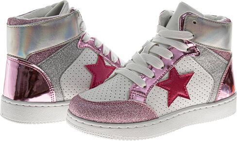 Glittery High Top Sneakers for Kids - Starry Star Sneaker Lace Up Shoes Casual Footwear - White Silver Pink (Sizes Little Kid - Big Kid) in Kuwait