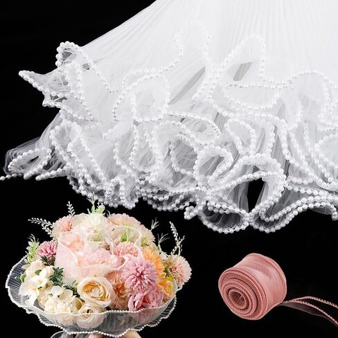 JINIOHEE 3 عبوات من ورق شبكي لتغليف الزهور، ورق تغليف باقة بحافة لؤلؤية بطول 4 ياردات، ورق تغليف باقة زهور مع موجات مجعدة مع شريط من الساتان للهدايا بنفسك، أسود in Saudi Arabia