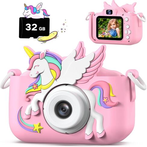 Dinosaur Kids Camera for Boys Girls, Toddler Digital Selfie Camera with Cute Protective Cover and 32G SD Card, Christmas Birthday Gifts Toys for 3 4 5 6 7 8 9 10 11 12 Years Old Little Girls and Boys in Kuwait