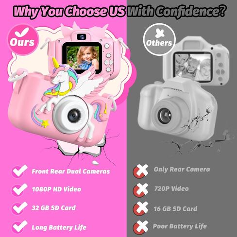 Dinosaur Kids Camera for Boys Girls, Toddler Digital Selfie Camera with Cute Protective Cover and 32G SD Card, Christmas Birthday Gifts Toys for 3 4 5 6 7 8 9 10 11 12 Years Old Little Girls and Boys in Kuwait